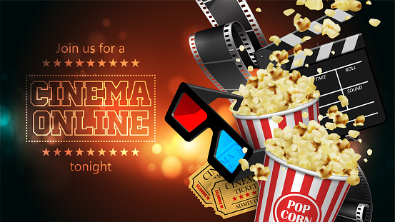 Advertising for the film industry. Film, popcorn, glasses and tickets. 3D vector. High detailed realistic illustration
