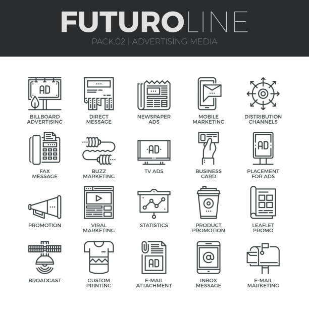 Advertising Media Futuro Line Icons Set Modern thin line icons set of advertising media channels and ads distribution. Premium quality outline symbol collection. Simple mono linear pictogram pack. Stroke vector symbol concept for web graphics. poster icons stock illustrations