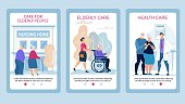 Advertising Poster Care for Elderly People Flat. Set Banner Elderly Care, Health Care. Elderly Couple Talking to their Doctor. Specialized Care for Elderly Relatives. Vector Illustration.