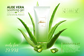 Advertising poster for cosmetic product for catalog, magazine. Vector design of cosmetic package.Moisturizing cream, gel, body lotion with aloe vera extract . Vector illustration with isolated objects
