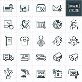 A set of advertising icons that include editable strokes or outlines using the EPS vector file. The icons include an online search using a laptop, television, radio, email, online video, SMS, online chat, website advertisement, global advertising, online marketing, advertising, website, person, customer support representative, t-shirt, banner, target market, listening ear, consumer, customer, commercial truck, trade show booth, commercial van, direct mail, bullhorn, person using social media, online search using smartphone, digital marketing, online news, coupon and a billboard to name a few.