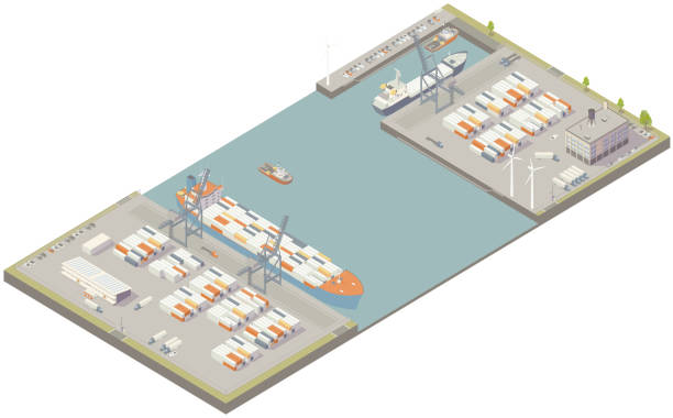 ilustrações de stock, clip art, desenhos animados e ícones de aerial isometric cargo port - aerial container ship