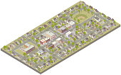 Aerial isometric illustration of a pre-war American style small town or neighborhood, including homes, businesses, main street, school, baseball field, church, trees, cars, and other building types, and the streets and roads that form the community.