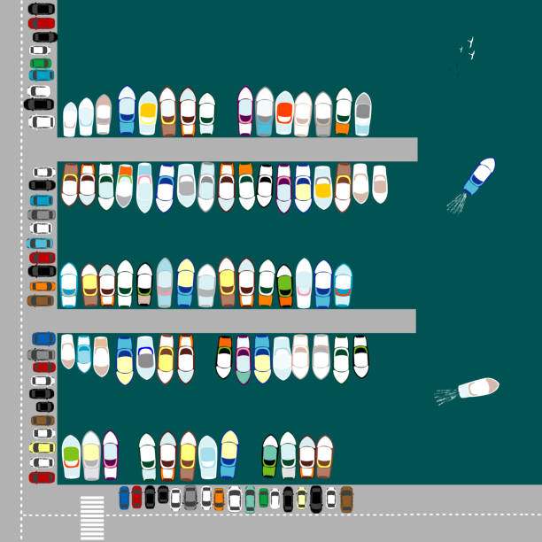 Aerial photo of boats docked in port and cars parking Aerial photo of boats docked in port and cars parking moored stock illustrations