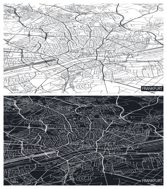 luftbild-stadtplan frankfurt, schwarz-weiß detaillierter plan, stadtraster perspektivisch, vektor-illustration - frankfurt stock-grafiken, -clipart, -cartoons und -symbole