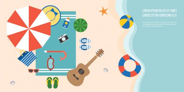 Aerial view of summer beach and sea Aerial view of summer beach and sea with parasol, guitar, slippers, snorkel mask , towel, starfish and elements for summertime, flat design vector beach umbrella stock illustrations