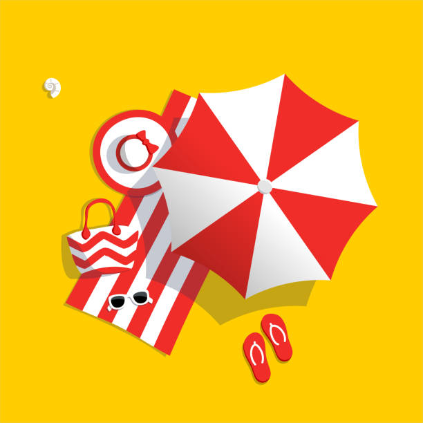 illustrations, cliparts, dessins animés et icônes de vue aérienne de plage d’été - parasol