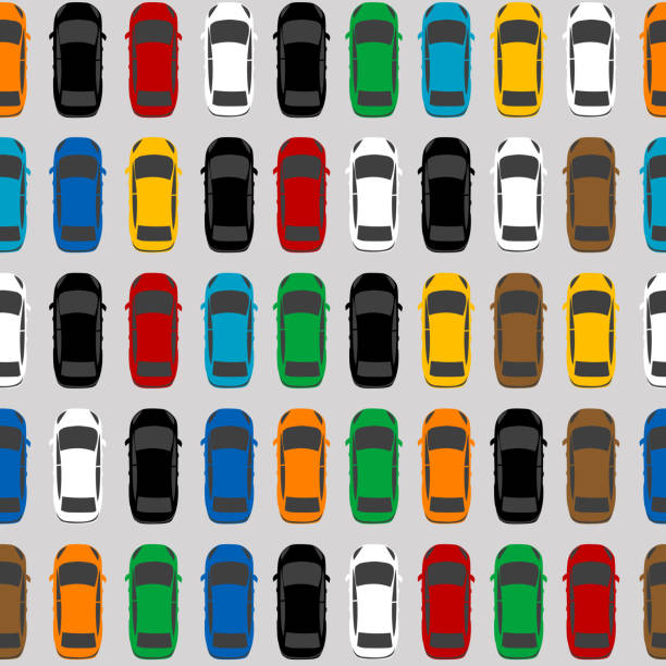Aerial view parking with lots of multicolored cars Aerial view parking with lots of multicolored cars car patterns stock illustrations