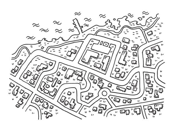 Aerial View Street Map Coastal Village Drawing Hand-drawn vector drawing of a Street Map of a Coastal Village, Aerial View. Black-and-White sketch on a transparent background (.eps-file). Included files are EPS (v10) and Hi-Res JPG. map drawings stock illustrations