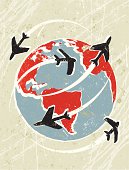 Global Travel! A stylized vector cartoon of a planes flying around the Earth,reminiscent of an old screen print poster and suggesting travel, flight, logistics, transportation, global travel or communication. Globe, planes, paper texture and background are on different layers for easy editing. Please note: clipping paths have been used, an eps version is included without the path.