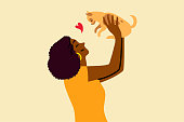 Affection, love, ownership, pet concept. Young happy smiling excited african american woman girl owner character holding cat domestic animal in hands. Responsibility and care for kitten illustration.