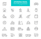 Affordable Local Travel Icon Set. Camping and Outdoor Line Icons, Editable stroke.