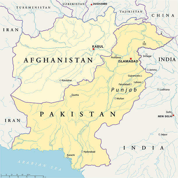 Afghanistan and Pakistan Political Map Political map of Afghanistan and Pakistan with capitals Kabul and Islamabad, with national borders, most important cities, rivers and lakes. Illustration with English labeling and scaling. afghanistan stock illustrations