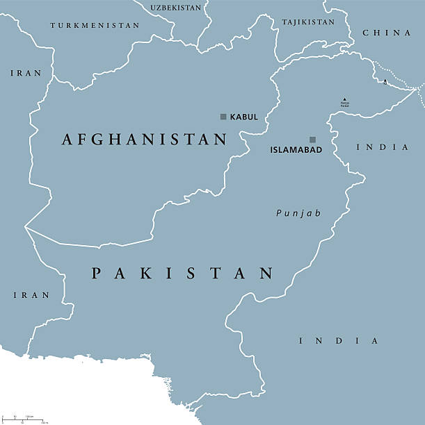 Afghanistan and Pakistan political map Afghanistan and Pakistan political map with capitals Kabul and Islamabad, national borders and neighbor countries, located in Asia. Gray illustration with English labeling on white background. Vector. afghanistan stock illustrations