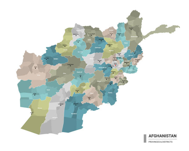 illustrations, cliparts, dessins animés et icônes de afghanistan higt carte détaillée avec subdivisions. carte administrative de l’afghanistan avec le nom des districts et des villes, coloré par les états et les districts administratifs. illustration vectorielle. - afghanistan