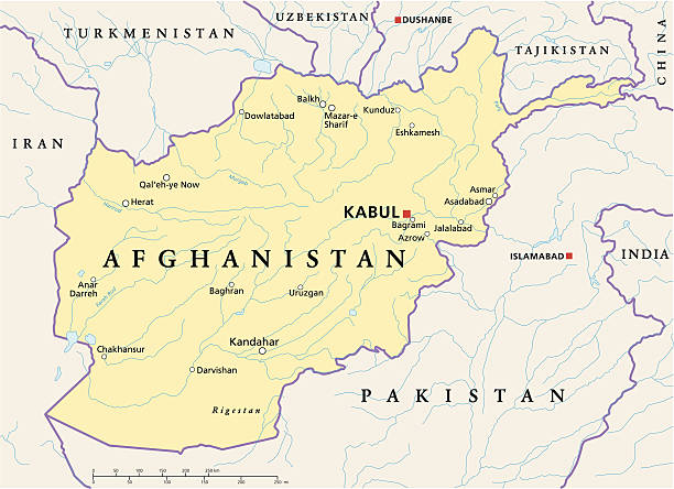 Afghanistan Political Map Political map of Afghanistan with capital Kabul, national borders, most important cities, rivers and lakes. Illustration with English labeling and scaling. afghanistan stock illustrations