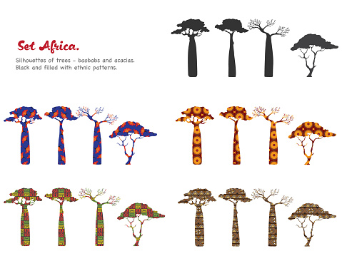 Africa. A set of silhouettes of African trees filled with patterns.
