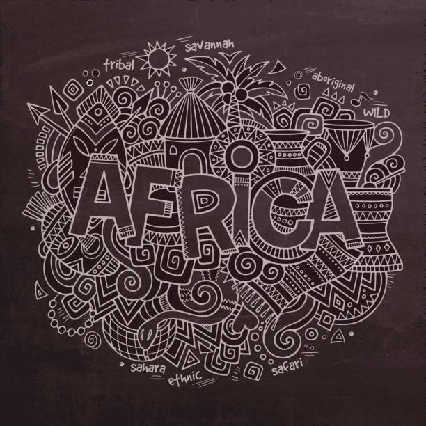 Africa doodles elements chalkboard background Africa Vector hand lettering and doodles elements chalkboard background african warrior symbols drawing stock illustrations