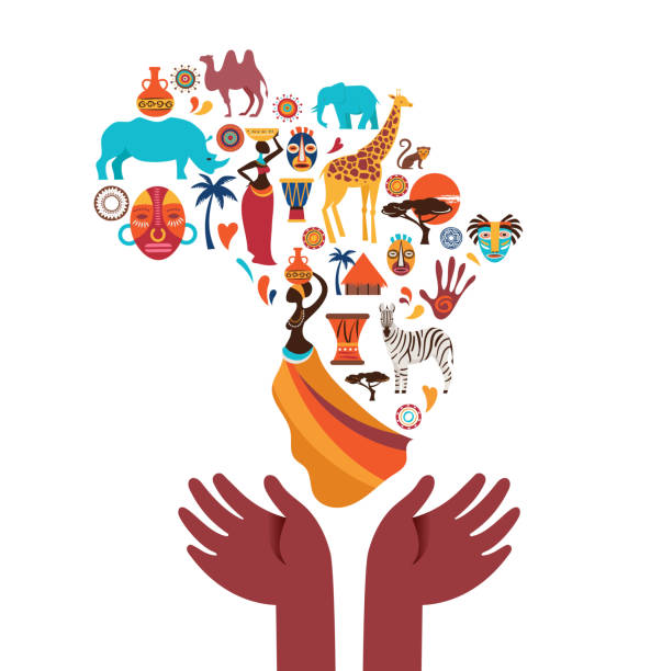 ilustrações de stock, clip art, desenhos animados e ícones de africa map illustrated with animals icons, tribal symbols. vector design - tanzania object