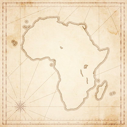Map of Africa in vintage style. Beautiful illustration of antique map on an old textured paper of sepia color. Old realistic parchment with a compass rose, lines indicating the different directions (North, South, East, West) and a frame used as scale of measurement.Vector Illustration (EPS10, well layered and grouped). Easy to edit, manipulate, resize or colorize. Please do not hesitate to contact me if you have any questions, or need to customise the illustration. http://www.istockphoto.com/portfolio/bgblue