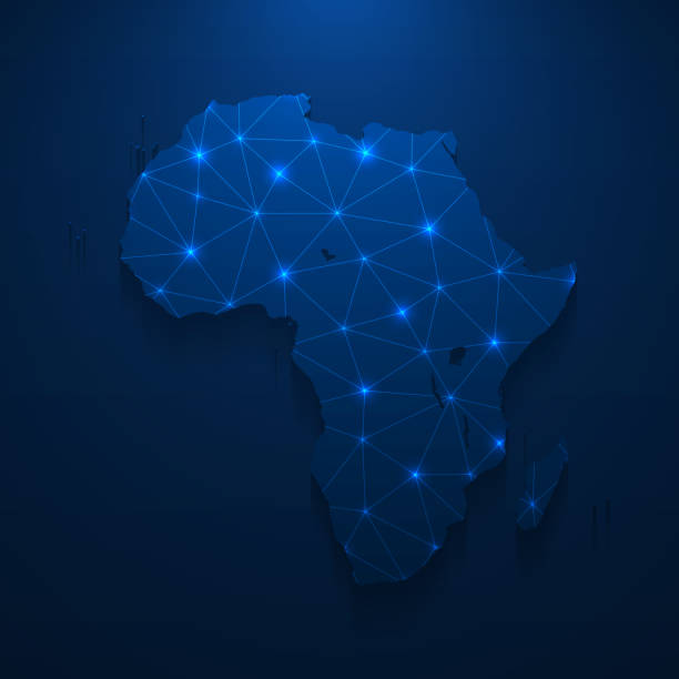 아프리카지도 네트워크 - 어두운 파란색 배경에 밝은 메쉬 - comoros stock illustrations