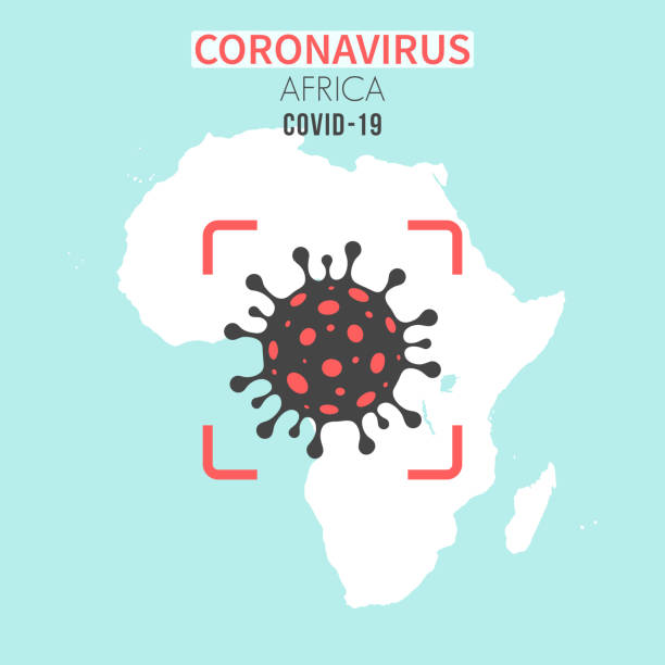 Africa map with a coronavirus cell (COVID-19) in red viewfinder Map of Africa with a cell of the novel coronavirus (COVID-19, 2019-nCoV) in the center of a red viewfinder. White map isolated on a blue green background. (colors used: blue, green, red and black). Conceptual image: coronavirus detected, closing of borders, area under control, stop coronavirus, defeat the virus, quarantined area, spread of the disease, coronavirus outbreak on the territory, virus alert, danger zone, confined space. Vector Illustration (EPS10, well layered and grouped). Easy to edit, manipulate, resize or colorize. south africa covid stock illustrations