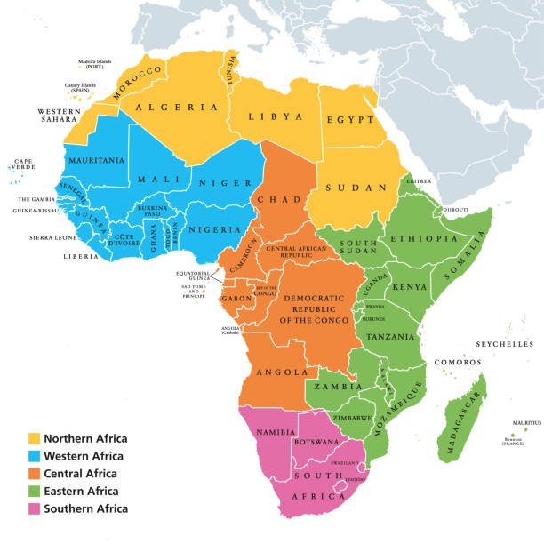 Africa regions map with single countries Africa regions political map with single countries. United Nations geoscheme. Northern, Western, Central, Eastern and Southern Africa in different colors. English labeling. Illustration. Vector. east africa stock illustrations