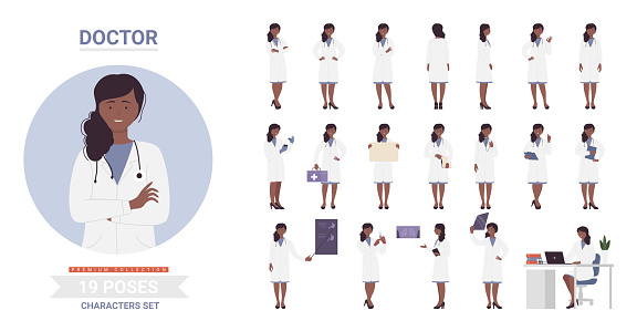 African american black doctor woman poses vector illustration set. Cartoon smiling female character wearing uniform medical bag stethoscope working, girl medicine staff posing work postures isolated
