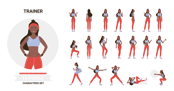 African american black fitness trainer woman workout poses set