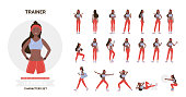 African american black fitness trainer woman poses in workout vector illustration set. Cartoon blonde character posing, training, doing sport gymnastic exercises in gym with ball, dumbbells isolated