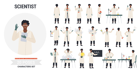 African american black scientist poses vector illustration set. Cartoon man character wearing lab coat, posing in scientific laboratory with science equipment, different gestures emotion