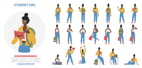 African american black student girl poses infographic set