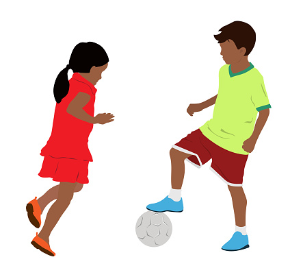 African American Boy & Girl Kicking Soccer Ball