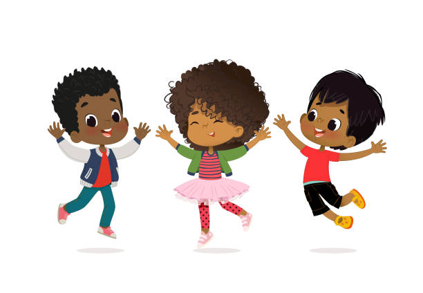 illustrazioni stock, clip art, cartoni animati e icone di tendenza di i ragazzi e le ragazze afroamericani giocano insieme felicemente. i bambini giocano sull'erba. bambini che si tengono per mano e saltano. il concetto è momenti divertenti e vibranti dell'infanzia. illustrazioni vettoriali. - ragazzo