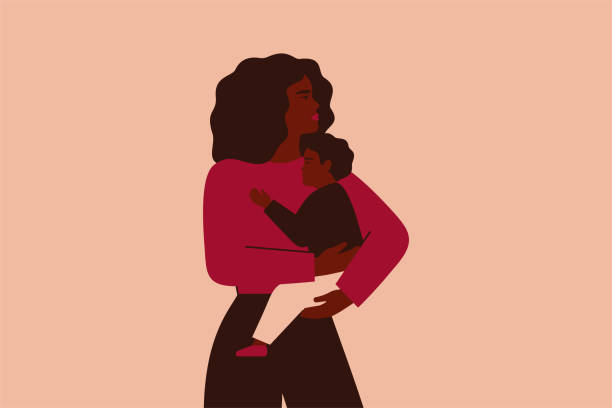 African American Business woman holds her baby with love and care. Strong mother cuddles her child and looking forward.  african american mothers day stock illustrations