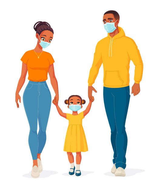 非裔美國人家庭戴著面具保護科維德-19。向量圖。 - 一個小孩的家庭 幅插畫檔、美工圖案、卡通及圖標