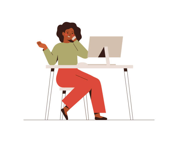 African American female is talking phone and looking at the computer. Business woman or freelancer works at home or office. African American female is talking phone and looking at the computer. Business woman or freelancer works at home or office. Vector illustration in flat style. black woman using phone stock illustrations