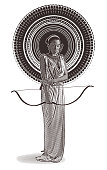 Engraving vector of an African American Goddess with bow and arrow, wearing classical Grecian dress.