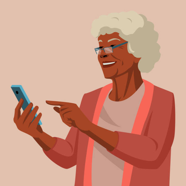 African American grandmother holding smartphone Mature senior woman using smartphone. Smiling old woman shopping online. black woman using phone stock illustrations