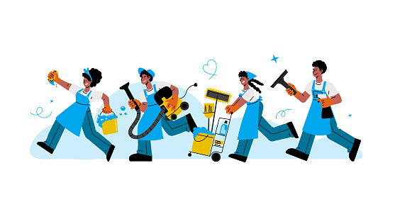 African american janitors team in rubber glove and uniform run to clean up house and office room.Vector flat illustration.