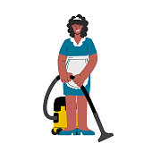 istock African american maid in dress with vacuum cleaner.Vector flat illustration 1388343619