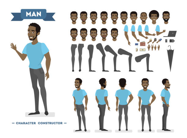 African american man character set for animation with various views African american man character set for animation with various views, hairstyles, emotions, poses and gestures. School equipment set. Isolated vector illustration fictional character stock illustrations