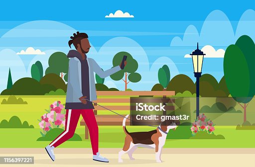 istock african american man walking with dog using smartphone social media network communication digital gadget addiction concept city urban park landscape background flat full length horizontal 1156397221