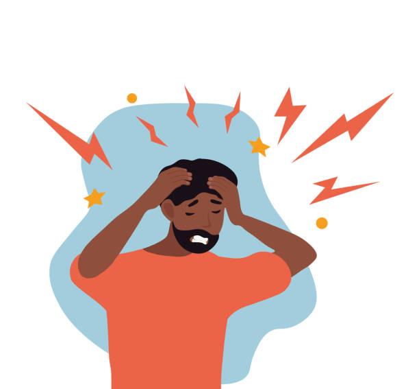 African American Man with a morning migraine clutching his head African American Man with a morning migraine clutching his throbbing head grimacing with pain, colored vector illustration. Chronic fatigue, nervous tension, stress and headache concept chronic pain stock illustrations