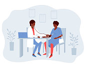 African American obstetrician doctor measures the blood pressure of a pregnant patient. Another trip to the gynecological office of an African American pregnant woman. Flat vector illustration.