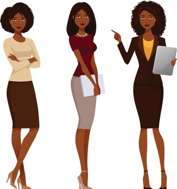 ilustrações, clipart, desenhos animados e ícones de meninas de escritório americanas africano na moda casual inteligente - business woman