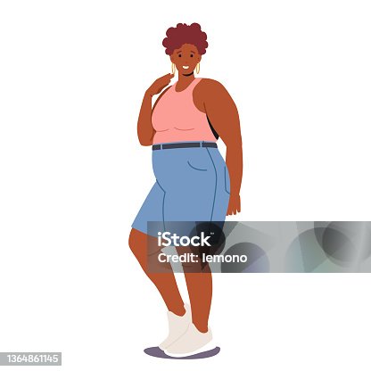 istock African American Plus Size Woman Dressed in Jeans Shorts and Slinky Top. Happy Girl Attractive Overweight Lady 1364861145