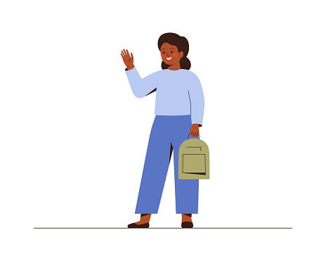 African American school girl waves a hand and saying hello or bye to school. Smiling female teenager with bagpack does greeting gesture.