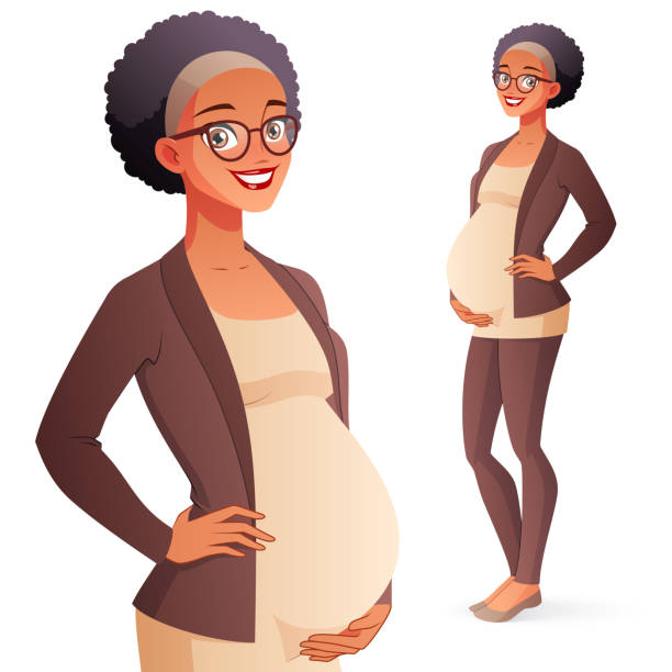 African American smiling pregnant business woman. Full length isolated vector illustration. Beautiful smiling pregnant business woman in formal clothes. Full length cartoon style vector illustration isolated on white background. pregnant clipart stock illustrations