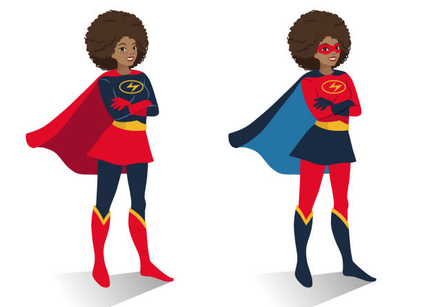African American superhero woman in  costume and mask standing with crossed arms. Vector cartoon character illustration in flat contemporary style isolated on white background. Women activism concept African American superhero woman in  costume and mask standing with crossed arms. Vector cartoon character illustration in flat contemporary style isolated on white background. Women activism concept superwoman stock illustrations